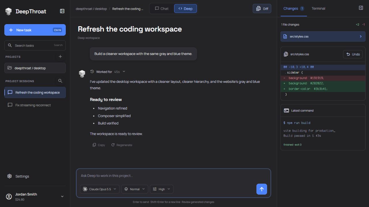 DeepThroat Desktop with a project sidebar, coding conversation, and file changes inspector. Sample task shown.